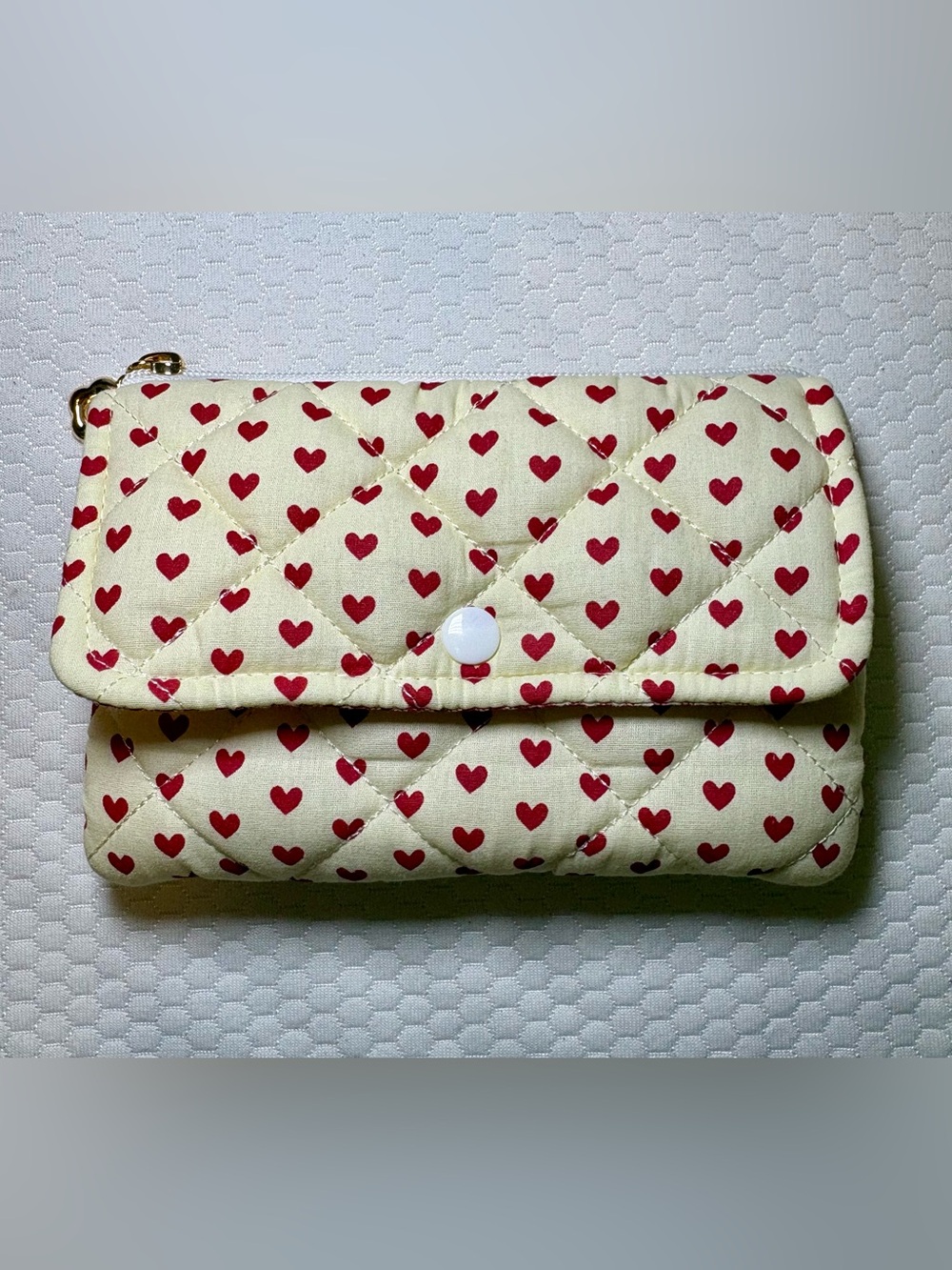 Quilted Heart Print Foldover Clutch - Cream with Red Hearts